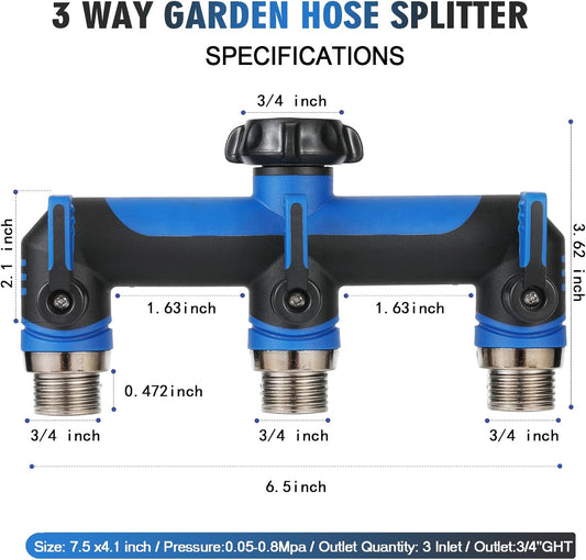 Garden Hose Splitter, 3 Way Water hose bib Spigot splitter, T Hose Connector- with Shutoff Valves Water Adapter,Outdoor Faucet Splitter 3/4" GHT Thread, For Home Outdoor Garden irrigation( blue)