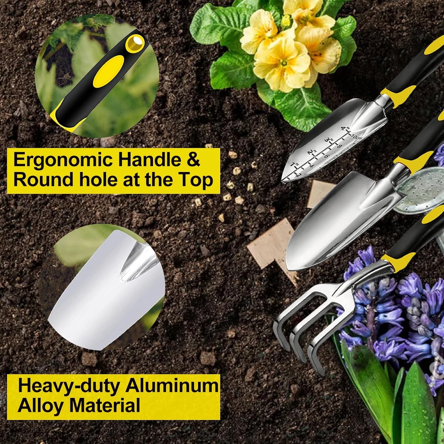 Garden Tool Set, 3 Piece Gardening Tools Includes Garden Trowel, Transplant Trowel and Hand Rake with Non-Slip Ergonomic Handle, Heavy Duty Gardening Kit for Gardening Planting, Gardening Gifts, Green
