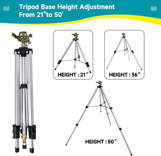 Impact Sprinkler Head on Tripod Base, Heavy Duty Lawn Sprinklers, 360 Degree Large Area Irrigation, Metal Sprinkler Nozzle with Solid Alloy Metal Extension Legs (50in)