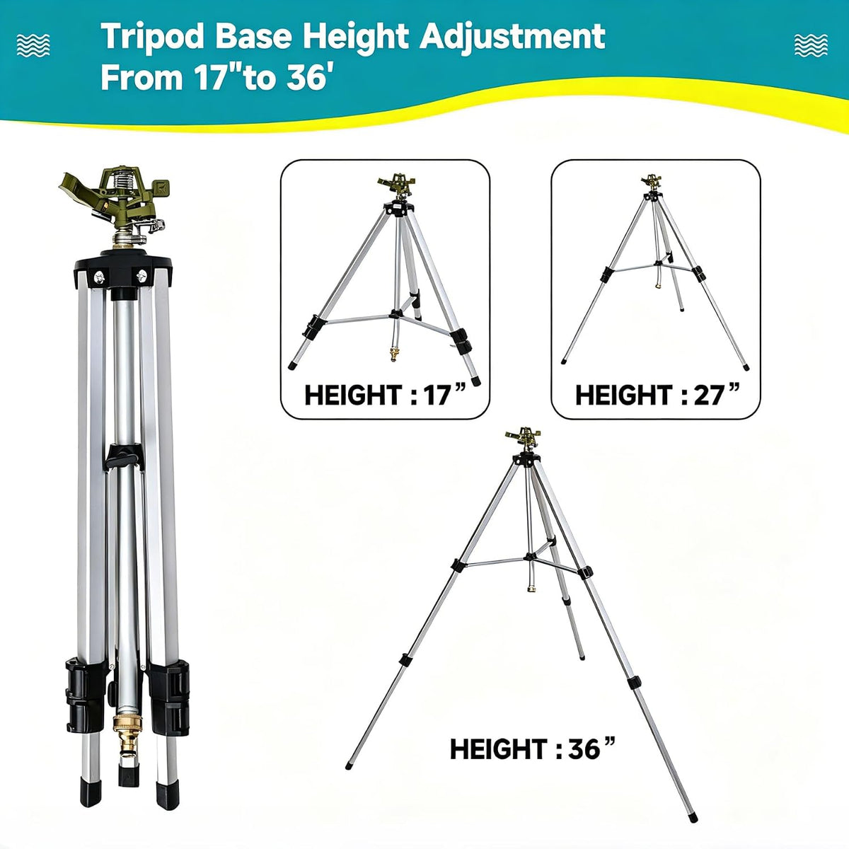 Impact Sprinkler Head on Tripod Base, Heavy Duty Lawn Sprinklers, 360 Degree Large Area Irrigation, Metal Sprinkler Nozzle with Solid Alloy Metal Extension Legs (50in)