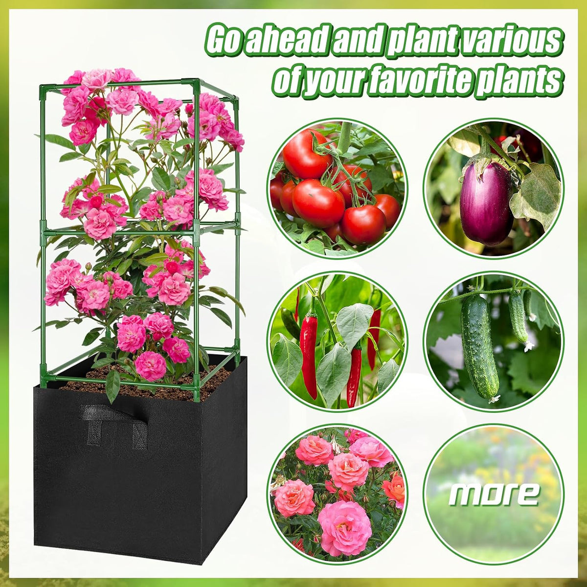 Sturdy Square Tomato Cage with Movable 17 Gal Grow Bags, 3 Sets
