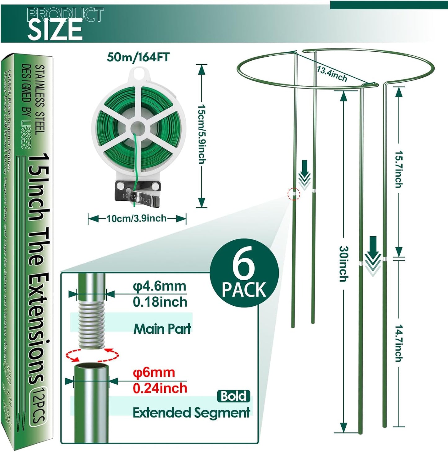 12 Pack 30 inch Plant Support Stakes, Heavy-Duty Half Round Peony Support, Garden Plant Stakes Cage for Outdoor Plants, Peony, Tomato, Hydrangea, (15ln Support +15ln Stainless Extension Tubes)