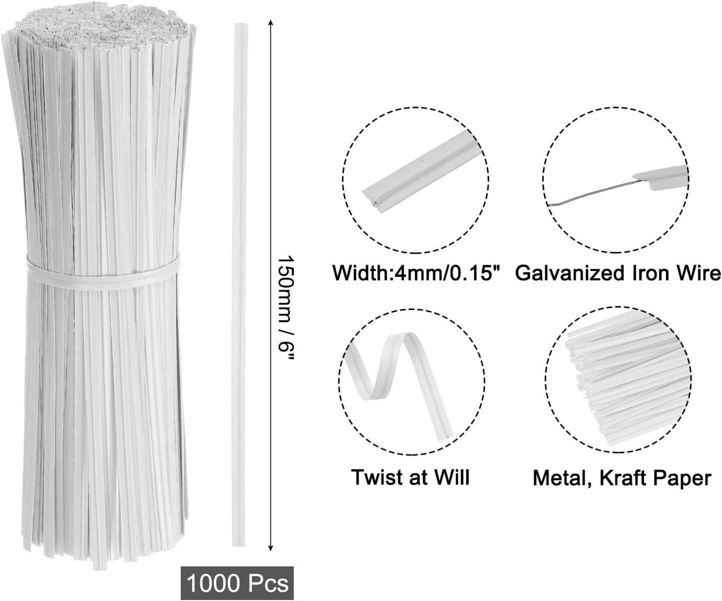 2" Kraft Paper Twist Ties, Metallic Twist Ties Reusable for Bakery, Candy Bags, Coffee Bags, Goodie Bags, Pack of 1000, White