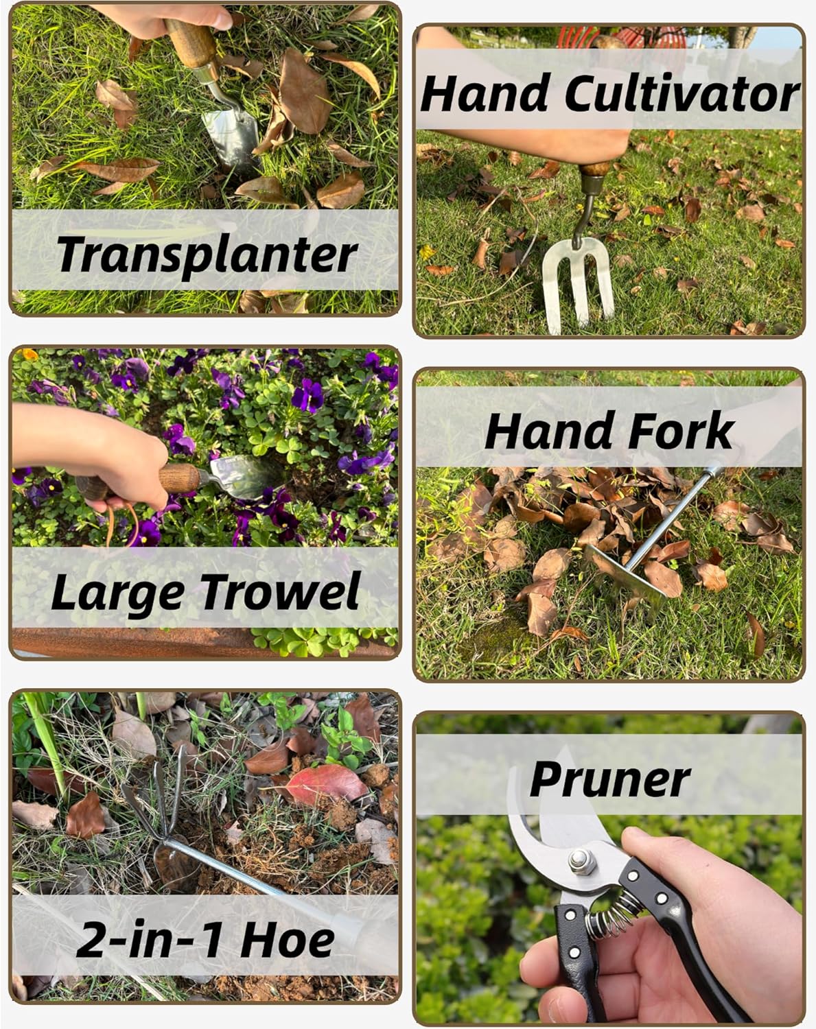 Garden Tool Set, 6PCS Heavy Duty Stainless Steel Gardening Hand Tools with Ropes, Includes Hand Cultivator Shovel Trowel Transplanter 2-in-1 Hoe Pruner, Ideal Gardening Gifts for Women Men (Upgrade)