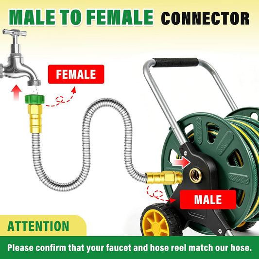Short Garden Hose with Female to Male Metal Connector 3FT, 304 Stainless Steel Leader Hose for Hose Reel, Flexible & Kink-Free, Lightweight, No Leak Outdoor Water Pipe Extension Adapter