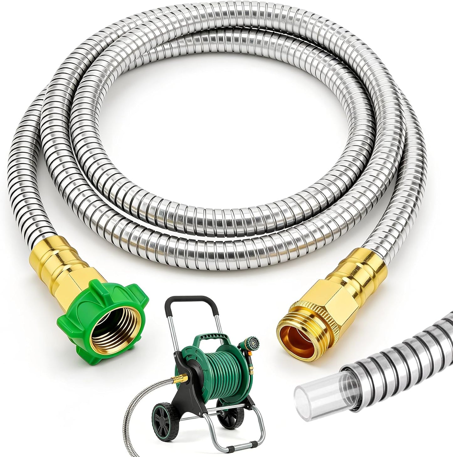 Short Garden Hose with Female to Male Metal Connector 3FT, 304 Stainless Steel Leader Hose for Hose Reel, Flexible & Kink-Free, Lightweight, No Leak Outdoor Water Pipe Extension Adapter