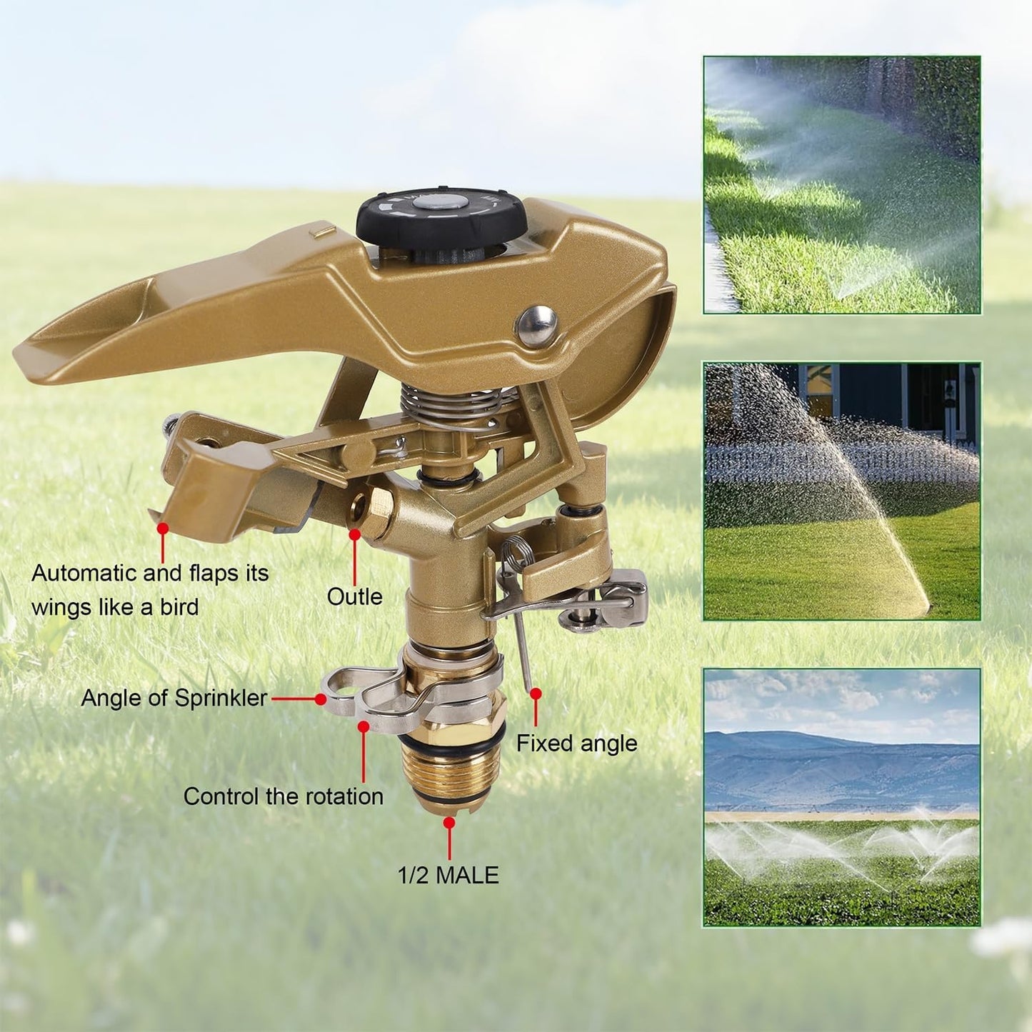 2 Pack Impact Sprinklers on Metal Step Spike, Heavy Duty Zinc Alloy Lawn Sprinkler Head on Spike Base, Adjustable 360 Degree Watering Sprinkler for Large Area Grass Garden Irrigation