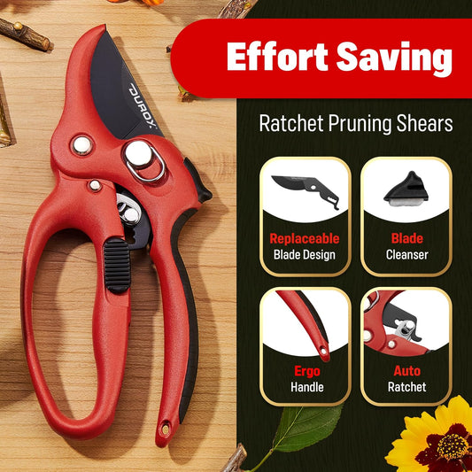 Ratchet Pruning Shears, Garden Shears with 3X Cutting Power. Effort-Saving Heavy-Duty Anvil Pruners. Replaceable Blade Cutting Blade Design. Ideal Secateurs for Precise Trimming, Model DGR-01