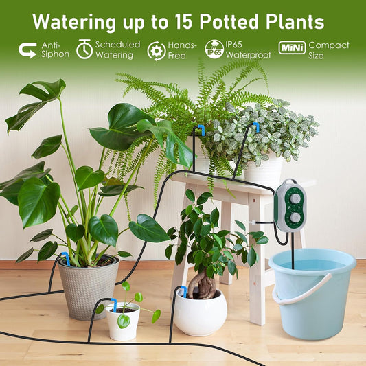 Automatic Plant Waterer Drip Irrigation System Kit for 15 Potted Plants, Indoor Self Watering System Plant Watering Devices with Programmable Water Timer for Garden Balcony Greenhouse Vacation