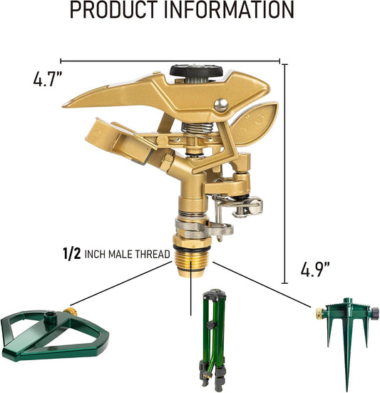 1/2 Inch Zinc Impact Sprinkler, Heavy Duty Lawn Sprinkler Head with Nozzles, Adjustable 0-360 Degree Impulse Watering Sprinklers for Large Coverage Garden Grass Yard Irrigation