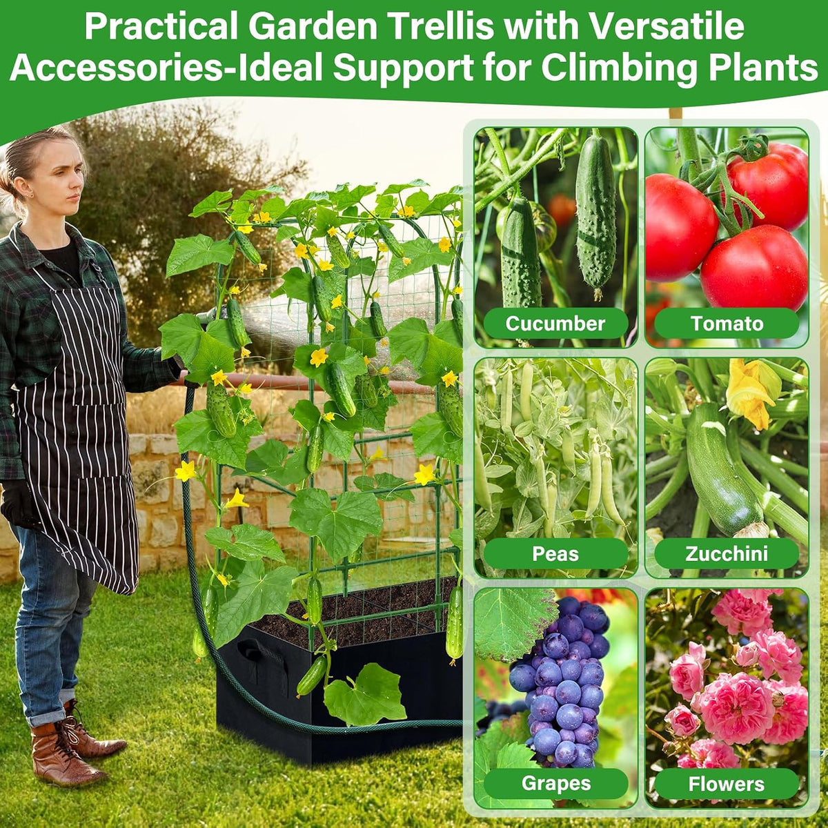 Garden Cucumber Trellis for Climbing Plants Outdoor with Grow Bag, 65x50 Inch Large U-Shaped Cucumber Trellis for Raised Bed, Metal Arch Plant Trellis for Vegetable Grape Pea Bean Vine Squash
