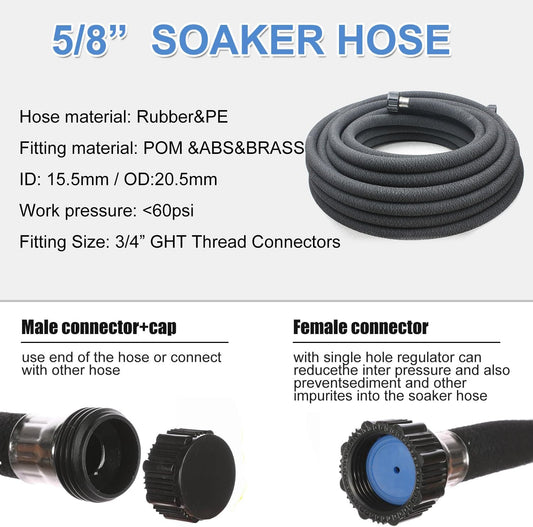 5/8" Soaker Hose 25 ft Round Rubber Garden Soaker Hoses, Heavy Duty Drip Hose for Watering Irrigation, Water Seeper Soaker Hoses for Garden, Lawn and Plants