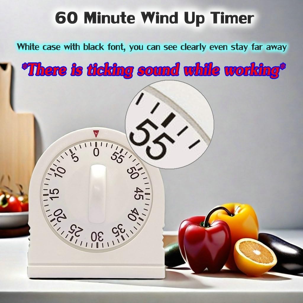 60 Minute Wind Up Timer, Visual Mechanical Timer with Loud Alarm, Manual Countdown Timers for Classroom, Home, Study and Cooking (2 Pack)
