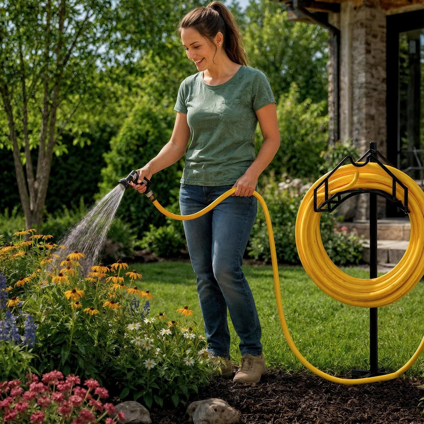 Freestanding Garden Hose Holder, 150 ft, Black