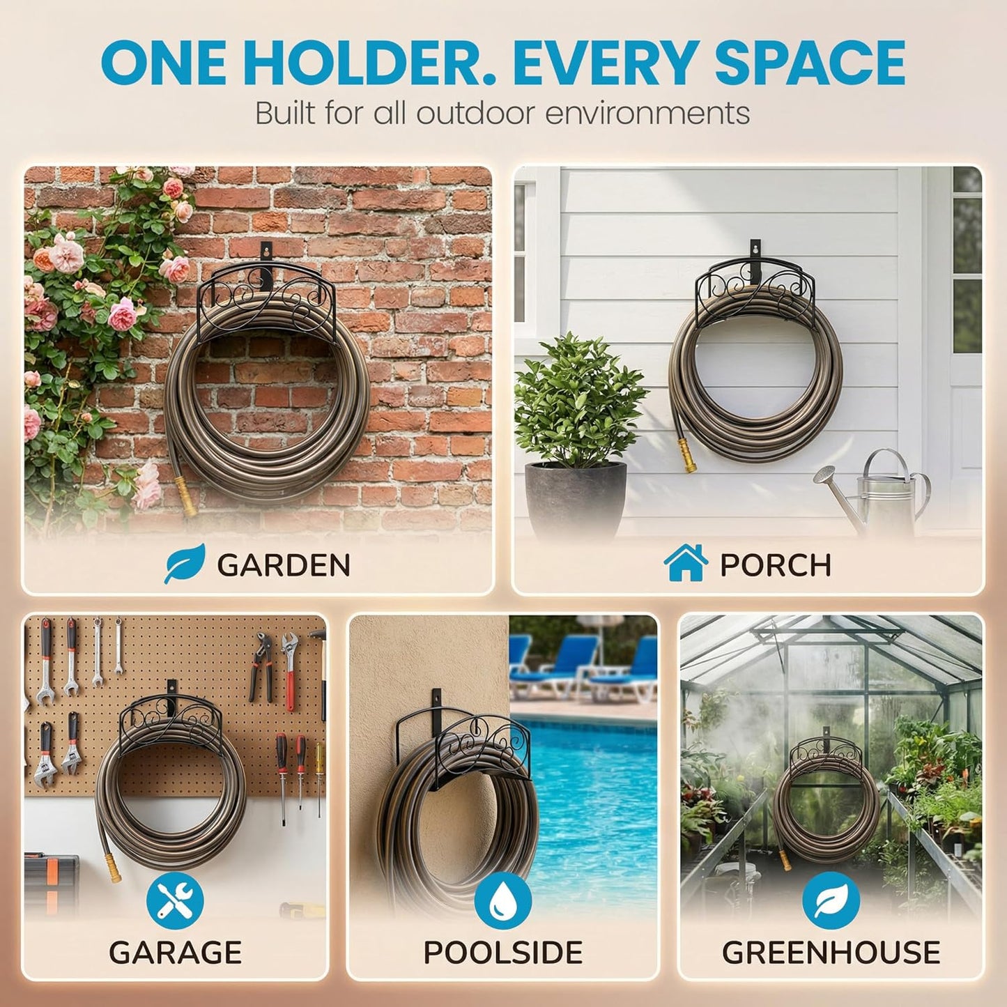 Metal Wall-Mount Classic Swirl Hose Holder Heavy-Duty Outdoor Hanger and Water Hose Organizer with Sturdy Reel Hooks & Screws for Yard Lawn Garden Patio Landscaping and Home Use, Bronze