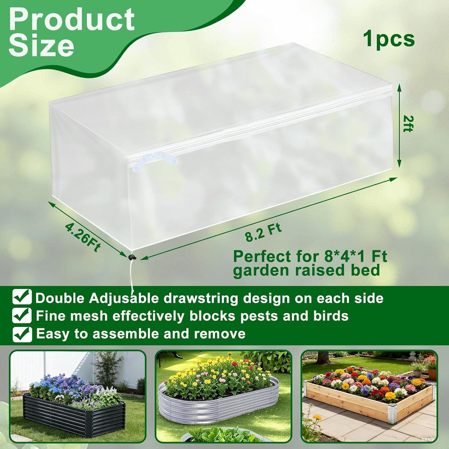 2 Pack Garden Netting for Raised Beds, Fine Mesh Bird Netting Barrier Screen with Zipper Drawstring Garden Bed Plant Cover for Protect Vegetable Fruits Crop from Animals Pest Insect, 2.3×2.3×2Ft