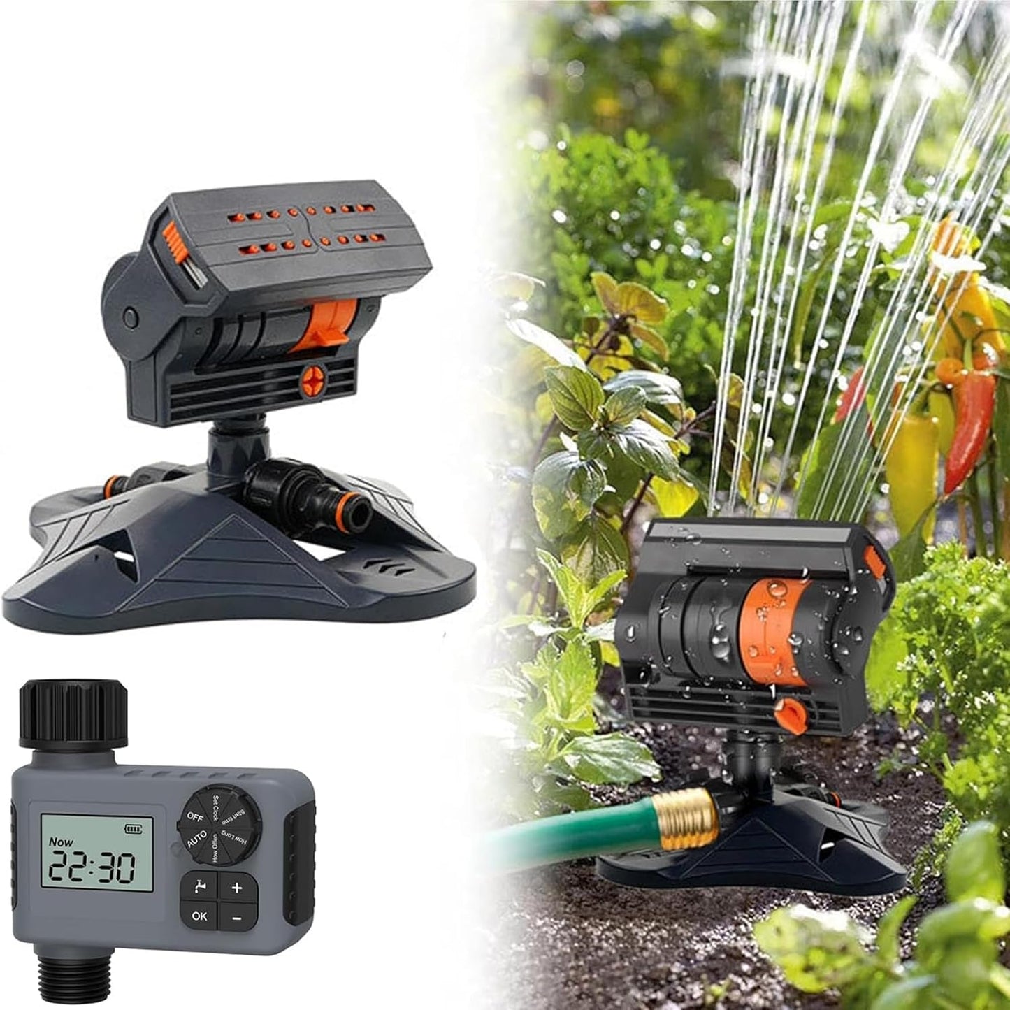 16-Nozzle Oscillating Sprinkler with Dual-Zone Sprinkler Water Timer, 360° 16-Hole Automatic Rocking Sprinkler, Turbo Orbit Mist Sprinklers System for Garden (Standard, Sprinklers)