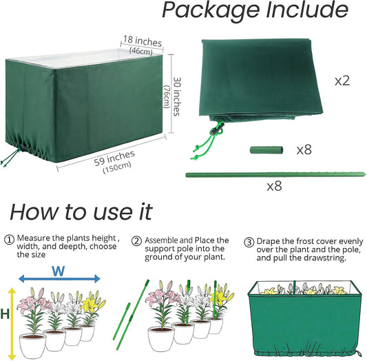 2 Packs L59" x W18" x H30" Winter Plant Cover – Frost & Freeze Protection Jacket with Transparent Top, 3.5oz/yd² Thick Frost Cloth With Drawstring for Outdoor Shrubs, Trees, and Potted Plants