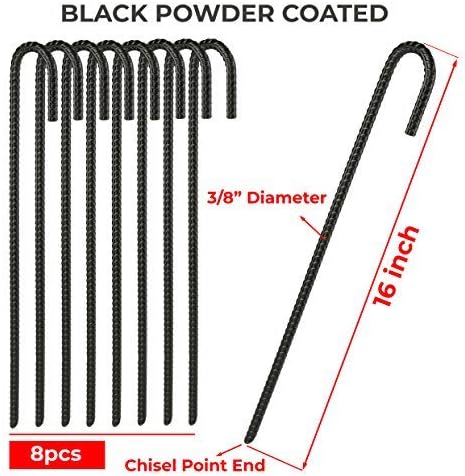 NHZ 16” Ground Rebar Stakes (8pcs) Heavy Duty J Hook Ground Anchors, Curved Steel Plant Support Garden Stake with Chisel Point end, Hammer Through Hard Soil for Camping Tent - Black Powder Coated