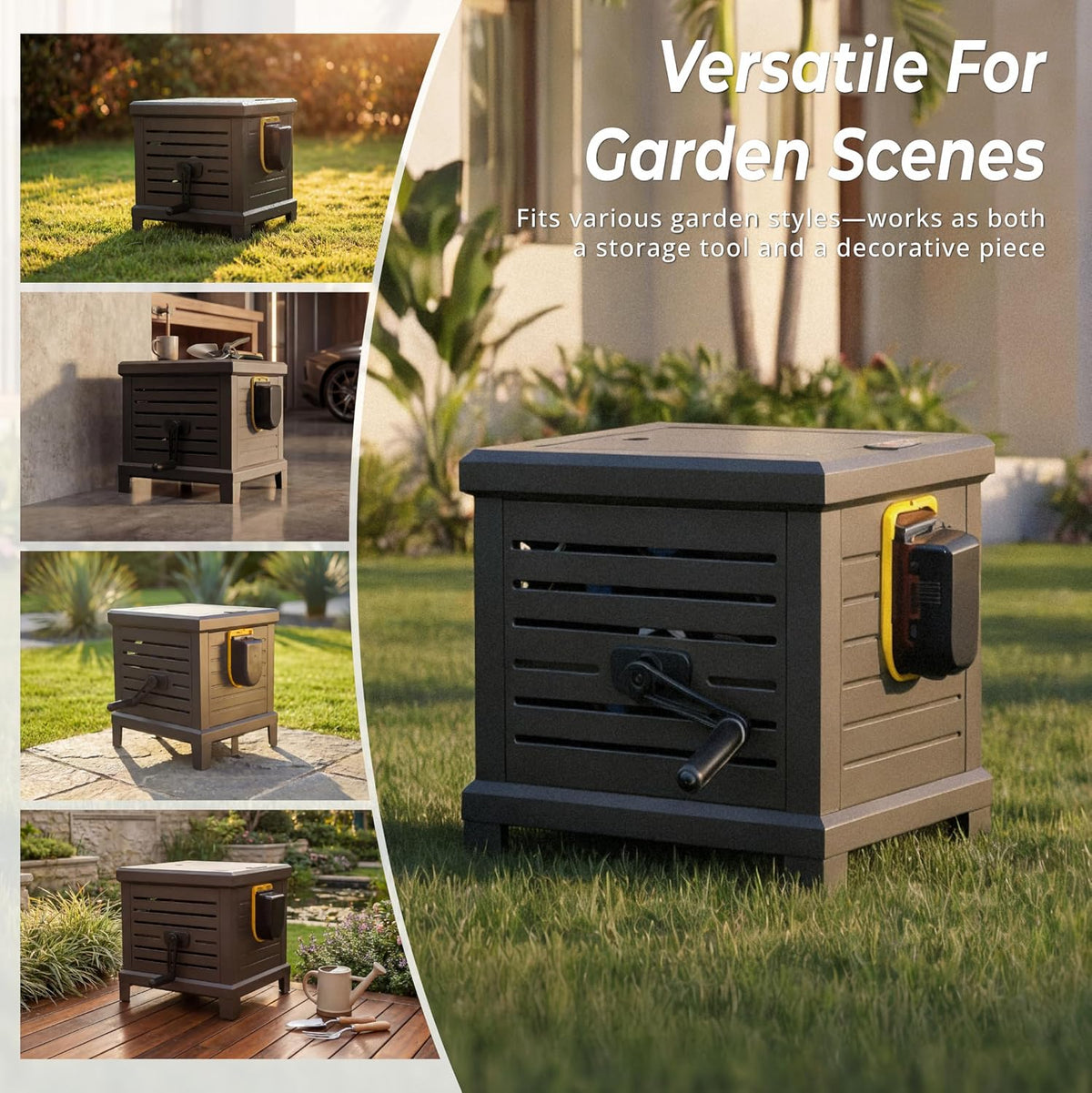 Hose Reel, Heavy Duty Metal Deck Box Hideaway Holds 125 ft x 5/8" Hose, Garden Hose Reel with Never-Leak System, Manual Crank Handle, Hose Guide, Ideal for Yards, Patios, and Garden Sheds