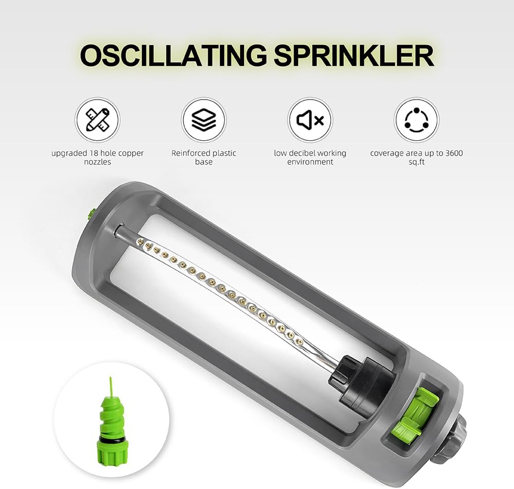Lawn Sprinkler, Oscillating Sprinkler for Yard with 18 Hole Brass Nozzles, Watering for Lawn & Garden Covers up to 3,600 sq.ft, Easy Adjust Range Control, Built-in Spray Jet Cleaning Needle (Gray)