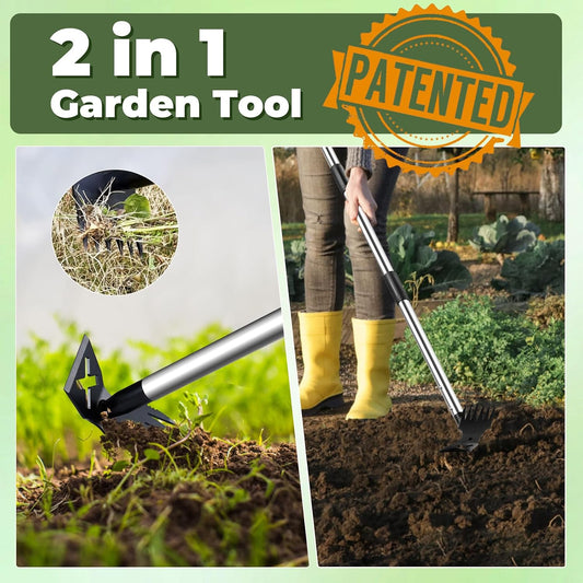 Weed Puller Tool with Long Handle, Heavy Duty Garden Hoe and Rake