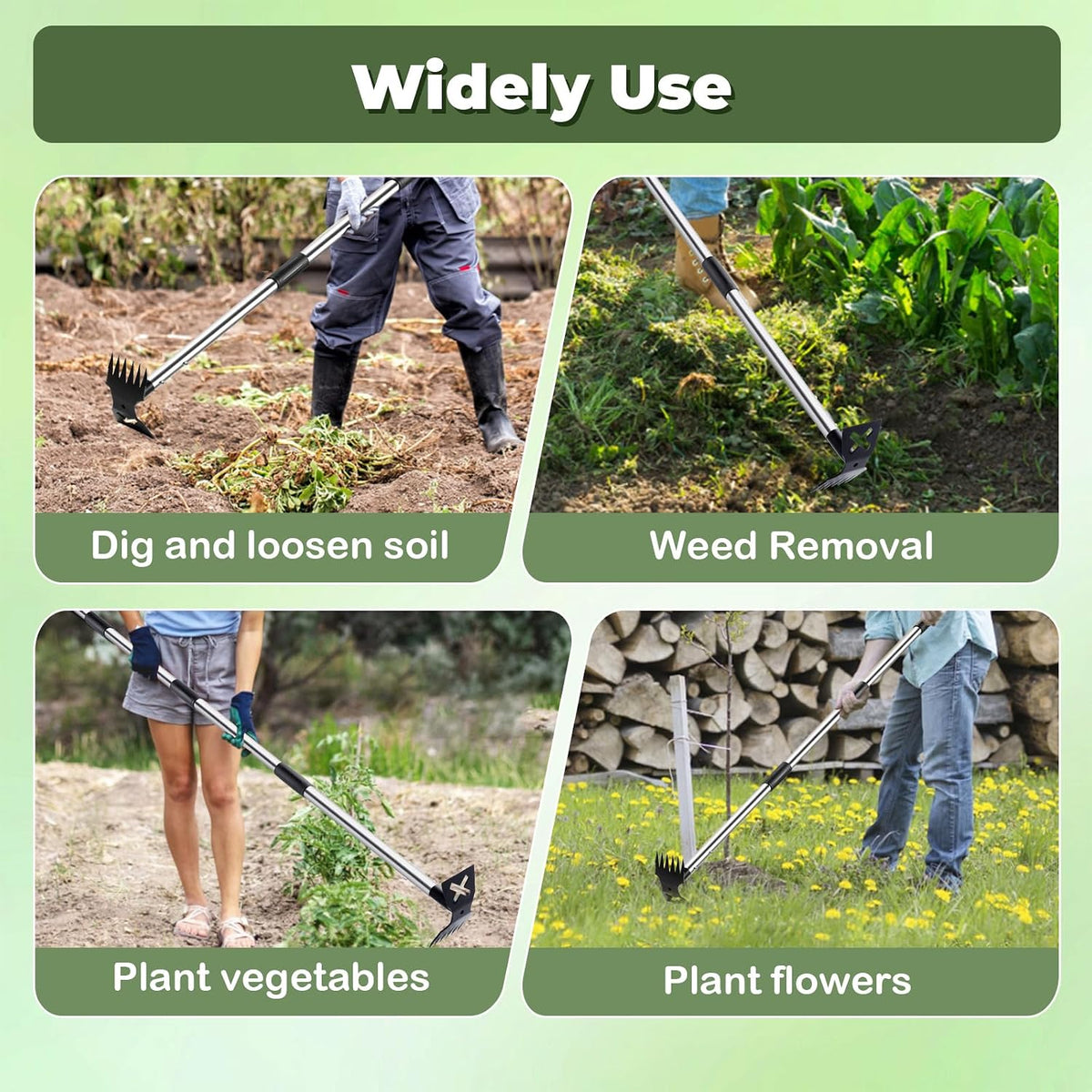 Weed Puller Tool with Long Handle, Heavy Duty Garden Hoe and Rake