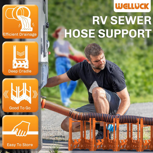 RV Sewer Hose Support 10FT, Blaze Orange RV Sewer Support with Adjustable Height Design, Secure Rubber Band and Carry Strap, Quick Setup and Collapse for Campers Travel Trailers and Motorhome