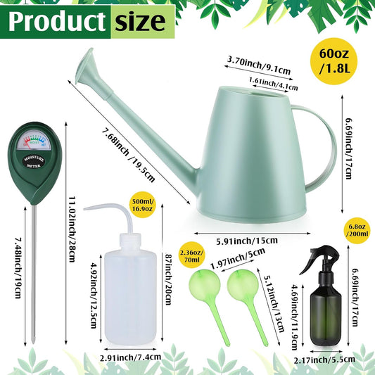 6 Pcs Indoor Watering Can Set 1/2 Gallon Can 6.8 oz Spray Bottle 17 oz Squeeze Bottle Plant Watering Globes Soil Moisture Meter Small Spraying Set for Indoor Outdoor Plants(Mint Green)
