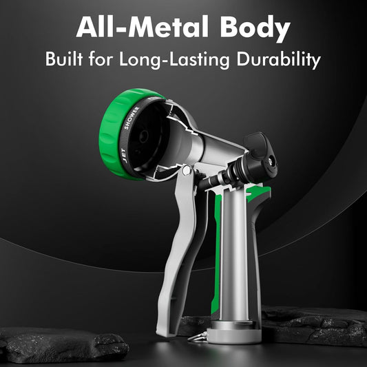 Garden Hose Nozzle, Heavy Duty Metal Water Hose Nozzle with 7 Adjustable Spray Patterns, High Pressure Hand Sprayer with Flow Control for Watering Plants & Lawns, Washing Cars & Pets