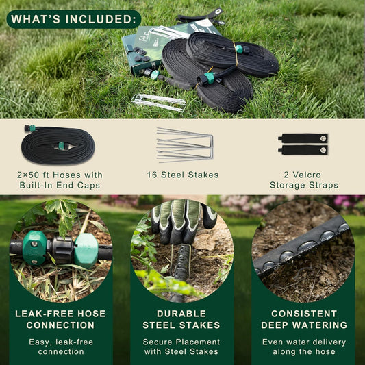 100 FT Flat Soaker Hose (2 x 50 FT) – Drip Irrigation for Garden Beds, Raised Beds & Landscaping – Kink-Resistant, Even Watering, Includes 16 Steel Stakes & Storage Straps