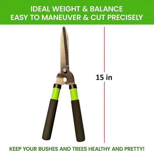 Hedge Shears Clippers for Trimming & Shaping Borders, Boxwood, Decorative Shrubs, Bushes, Grass – 15 inch High Carbon Steel Gardening Hedge Clippers & Shears with Comfort Grip Handles