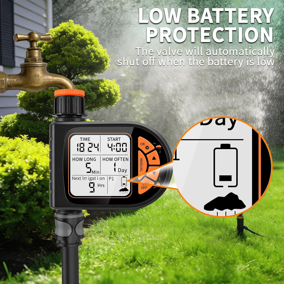Sprinkler Timer for Garden Hose - Programmable Irrigation Timer with Rain Delay, Manual Watering, Child Lock, Outdoor Garden Automatic Irrigation Drip Watering System for Yard Lawn Pool Garden