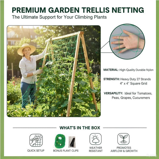 Heavy Duty Trellis Netting for Climbing Plants, Garden Netting for Vegetables, Strong Plant Support Net for Cucumbers, Tomatoes & Peas, with 50 Plant Ties