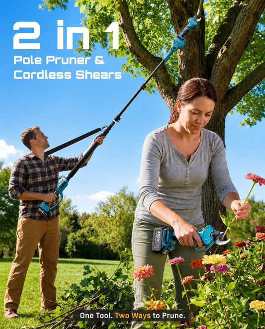 2-in-1 Pole Pruning Shears, 1.6" Cutting Diameter Cordless Electric Pole Pruners, Brushless Motor, Dual 4.0Ah Batteries, Extra SK5 Blade, 4 Modes Adjustable Branches Cutter for Tree & Flower
