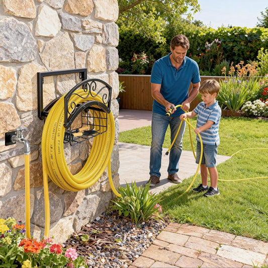 Garden Hose Holder Wall Mount, Metal Water Hose Holder with Basket