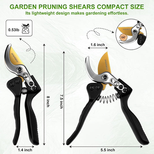 Bypass Pruning Shears, 8" SK5 Steel Nonstick Blade Hand Pruners