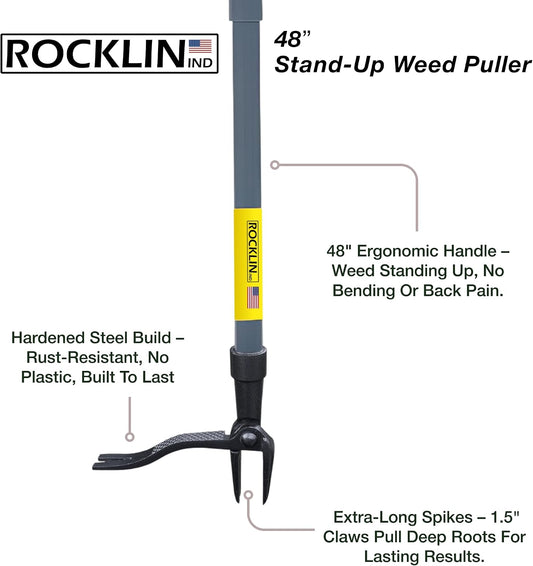 Rocklin™ Stand Up Weed Puller, 4-Claw Steel Head, 48" Handle