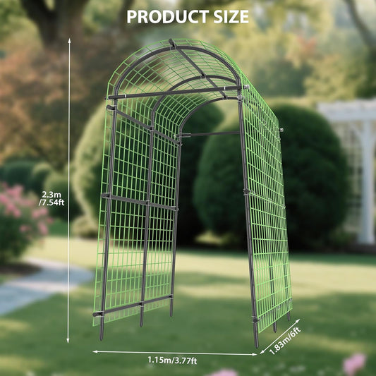 7.5FT Metal Garden Arch Trellis with Netting, Adjustable 35"–45" Arbor for Climbing Plants, Roses, Grapes & Vegetables, Weatherproof Steel Pergola with Ground Clips, Easy Fold-Out Assembly