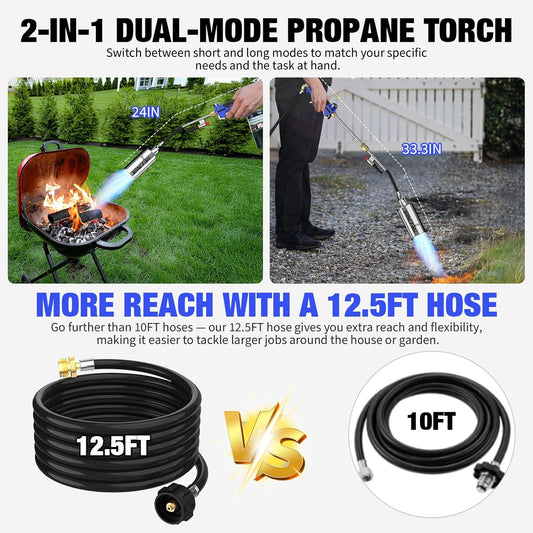 Propane Torch Weed Burner Kit with Storage Bag, High Output Blow Torch with Long/Short Mode & 12.5FT Hose, Heavy Duty Flamethrower with Turbo Trigger for Weeding, Roofing, Ice Snow Melting,BBQ(33.3")
