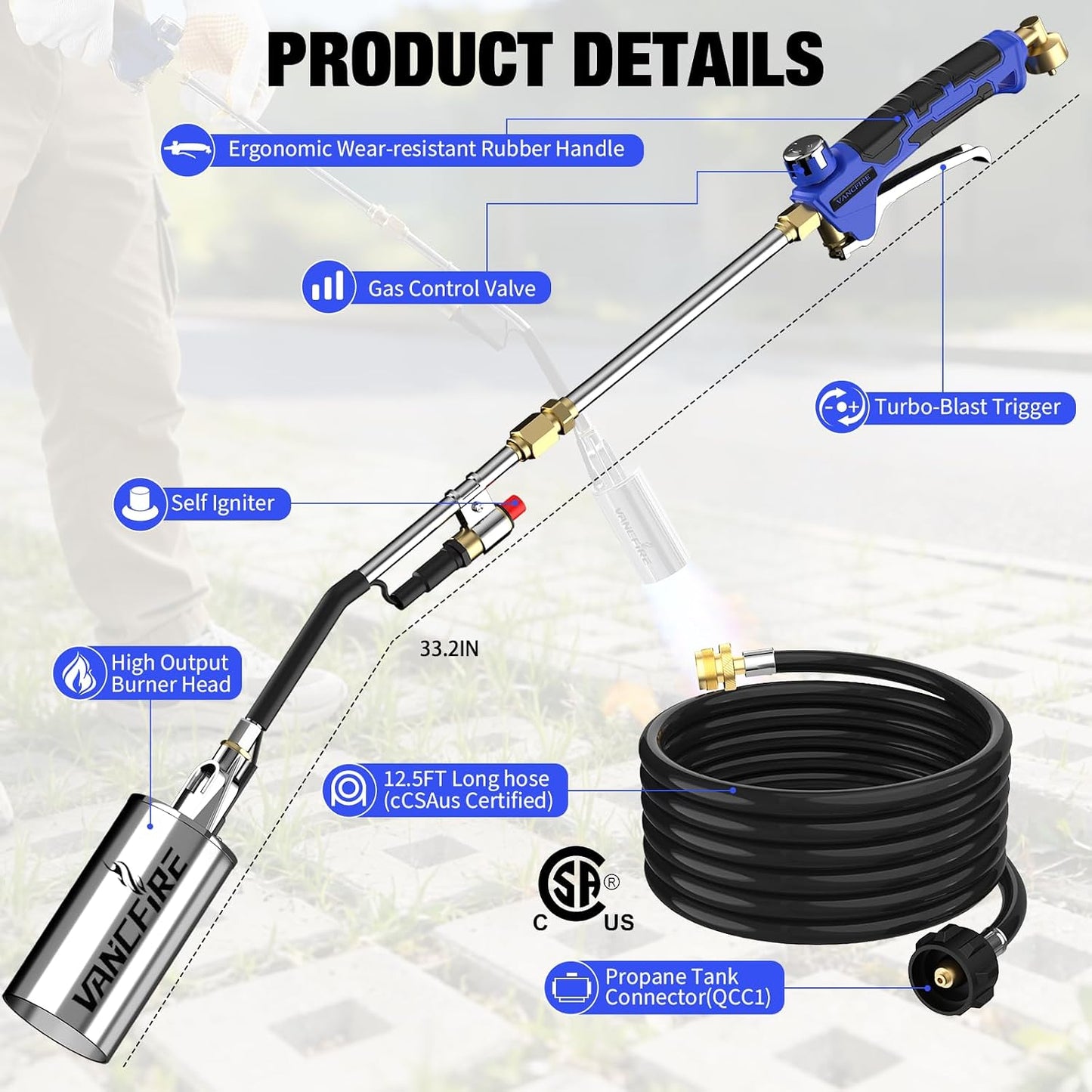 Propane Torch Weed Burner Kit with Storage Bag, High Output Blow Torch with Long/Short Mode & 12.5FT Hose, Heavy Duty Flamethrower with Turbo Trigger for Weeding, Roofing, Ice Snow Melting,BBQ(33.3")