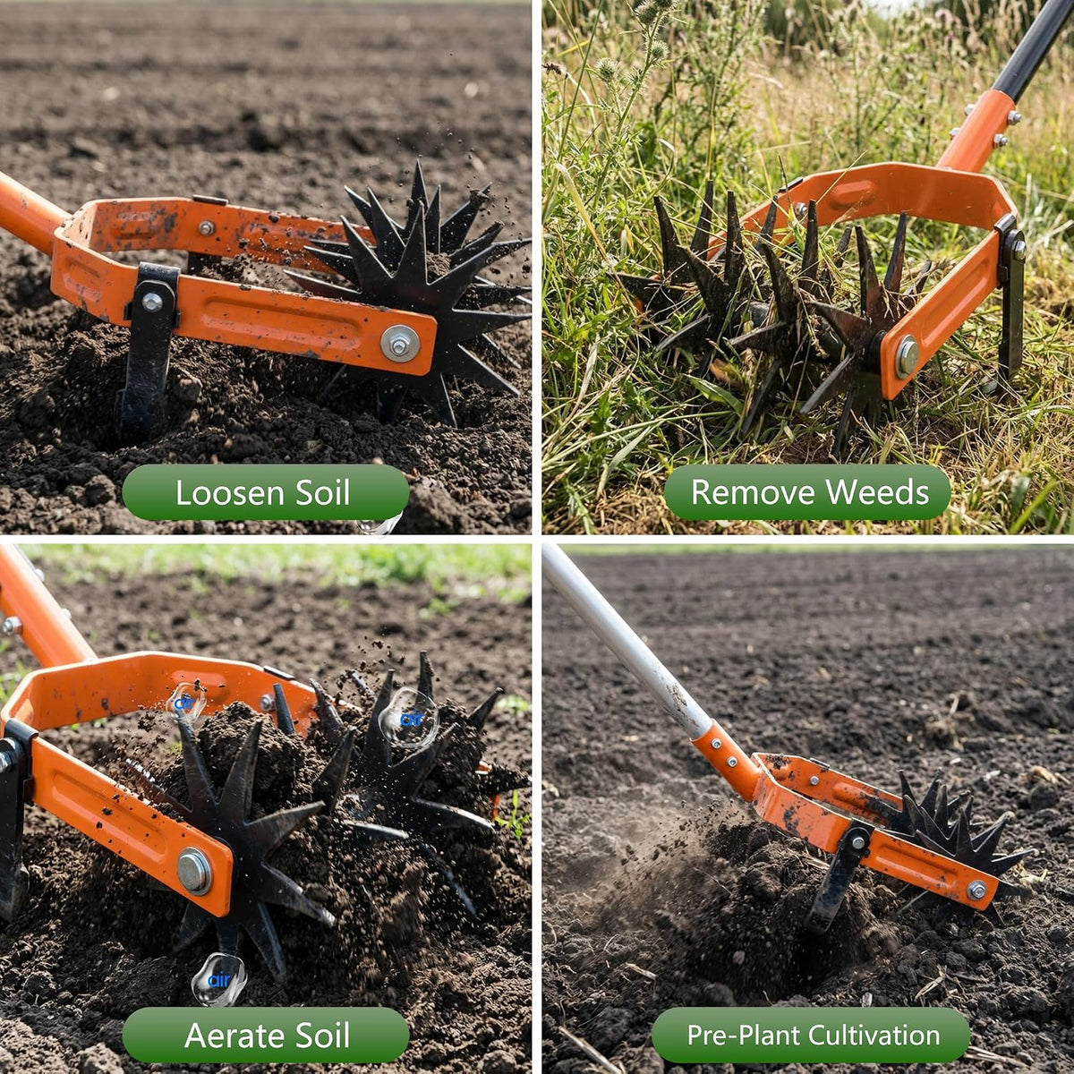 Rotary Cultivator - Long Handle Garden Cultivator with Adjustable Stainless Steel Pole, 2-in-1 Hand Tiller Garden Tool for Weeding, Soil Loosening, Aerating & Reseeding Grass