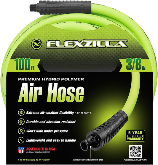 Air Compressor Hose, 3/8 in. x 100 ft., 1/4 in. MNPT Fittings, No-Kink, All Weather, Lightweight, Premium Hybrid Polymer, 300 PSI, ZillaGreen
