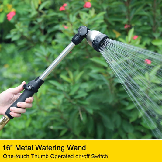 Garden Hose Wand Heavy Duty, 16 Inches Metal Watering Wand with 8 Spray Patterns, 180° Rotating Long Hose Nozzle Sprayer Wand with Thumb Flow Control for Watering Hanging Baskets and Shrubs