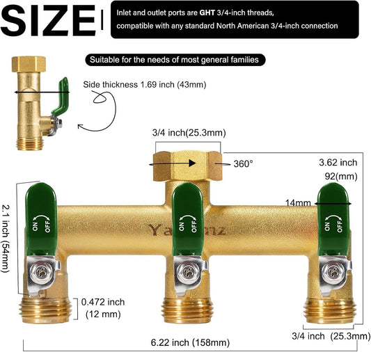 3 Way Garden Hose Splitter, 3/4" GHT Outdoor Water Spigot Splitter