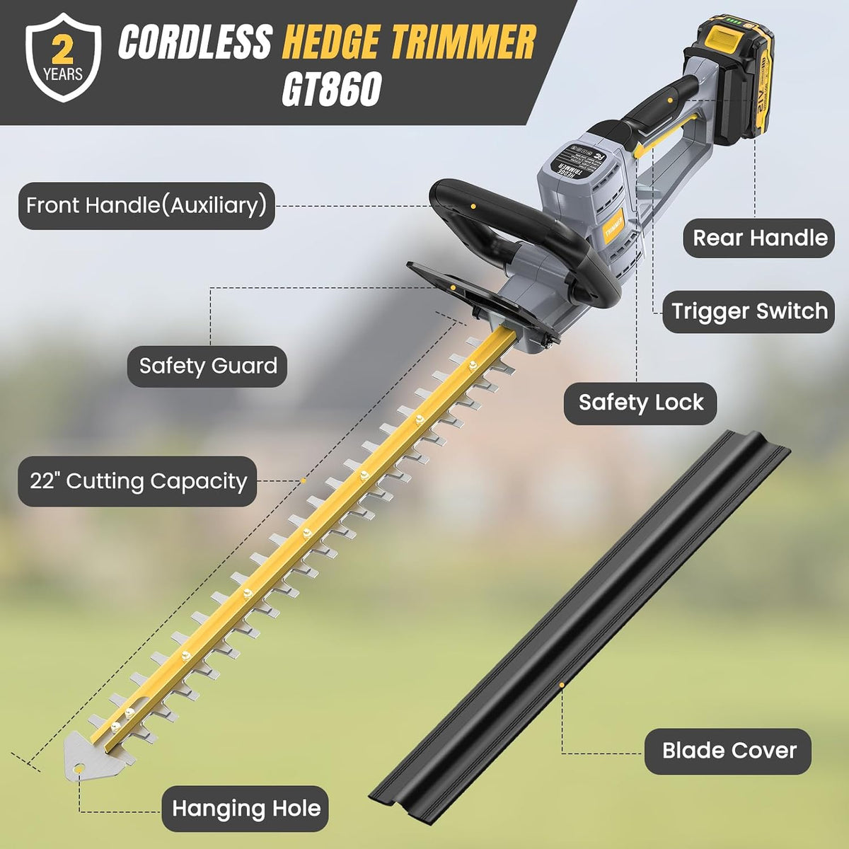Hedge Trimmer Cordless 22" - 2 x 21V Batteries & Fast Charger, Easy to Use