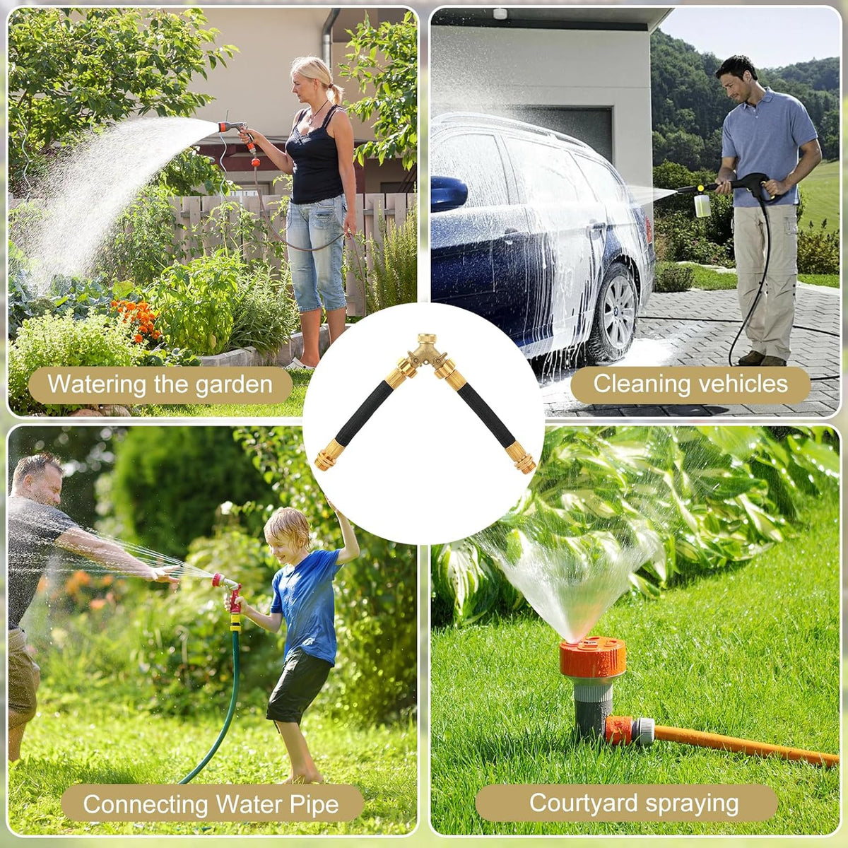 3/4 Inch Brass 2-Way Garden Hose Splitter – Y-Shaped Hose Connector with 2 Anti-Kink Spiral Protectors, Heavy-Duty Metal Outdoor Faucet Splitter, Brass Handle Design, Garden Hose Adapter