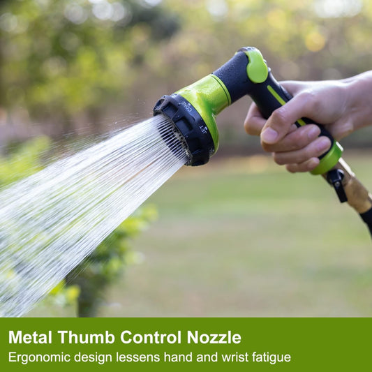 Garden Hose Nozzle Heavy Duty, 100% Metal Water Hose Sprayer with 8 Spray Patterns, High Pressure Spray Nozzle Thumb Control On Off Valve for Lawn & Plant Watering, Car & Pet Washing - Green