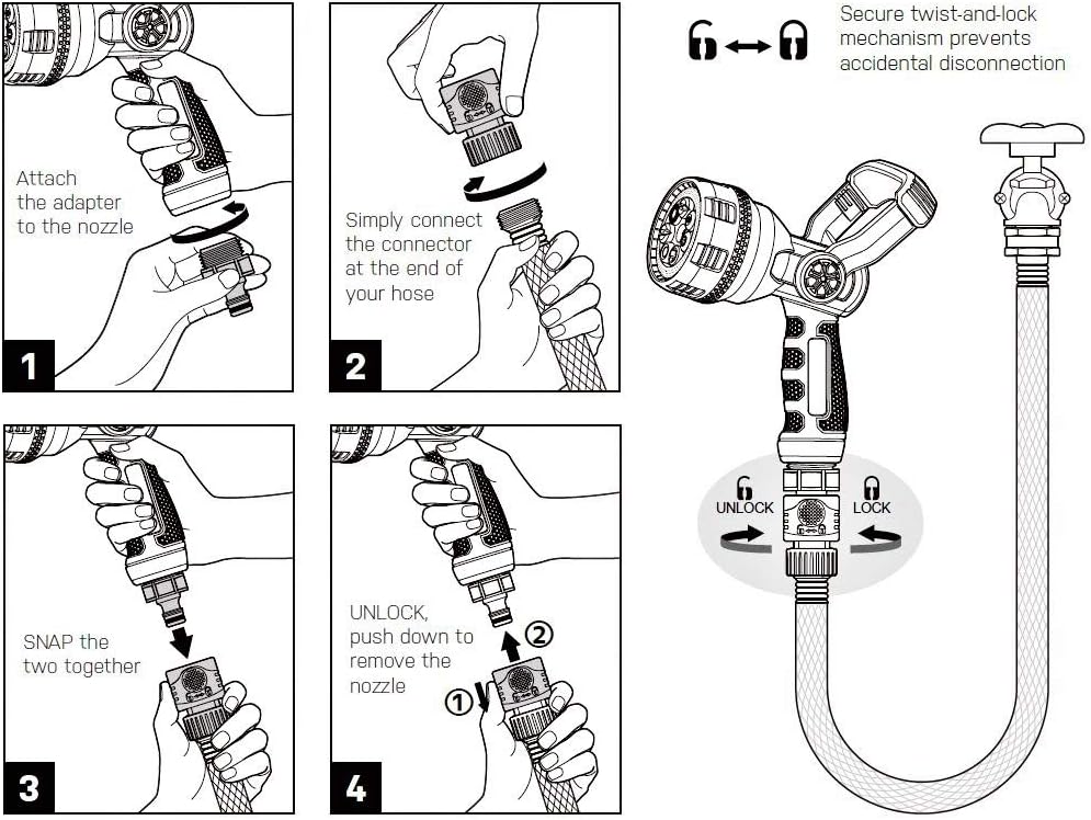 96806 Heavy-Duty Metal Fireman Hose Nozzle | 7 Spray Patterns, High-Pressure Garden Sprayer with Quick Connect Set & Bonus Washers
