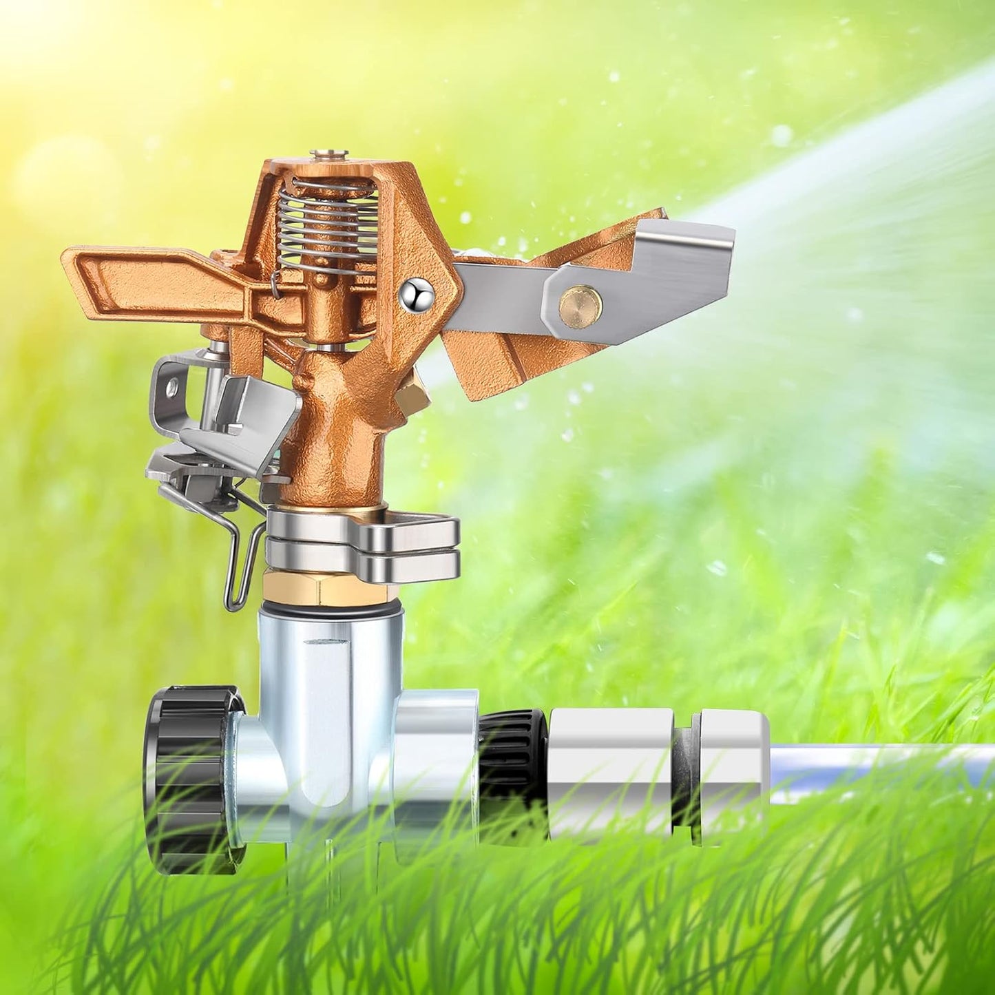 4 Pack Heavy Duty Brass Impact Lawn Sprinklers – Adjustable 360° Rotating Garden Sprinkler Heads with Metal Spike Base – Wide Coverage Yard Irrigation System for Lawn, Garden & Farm